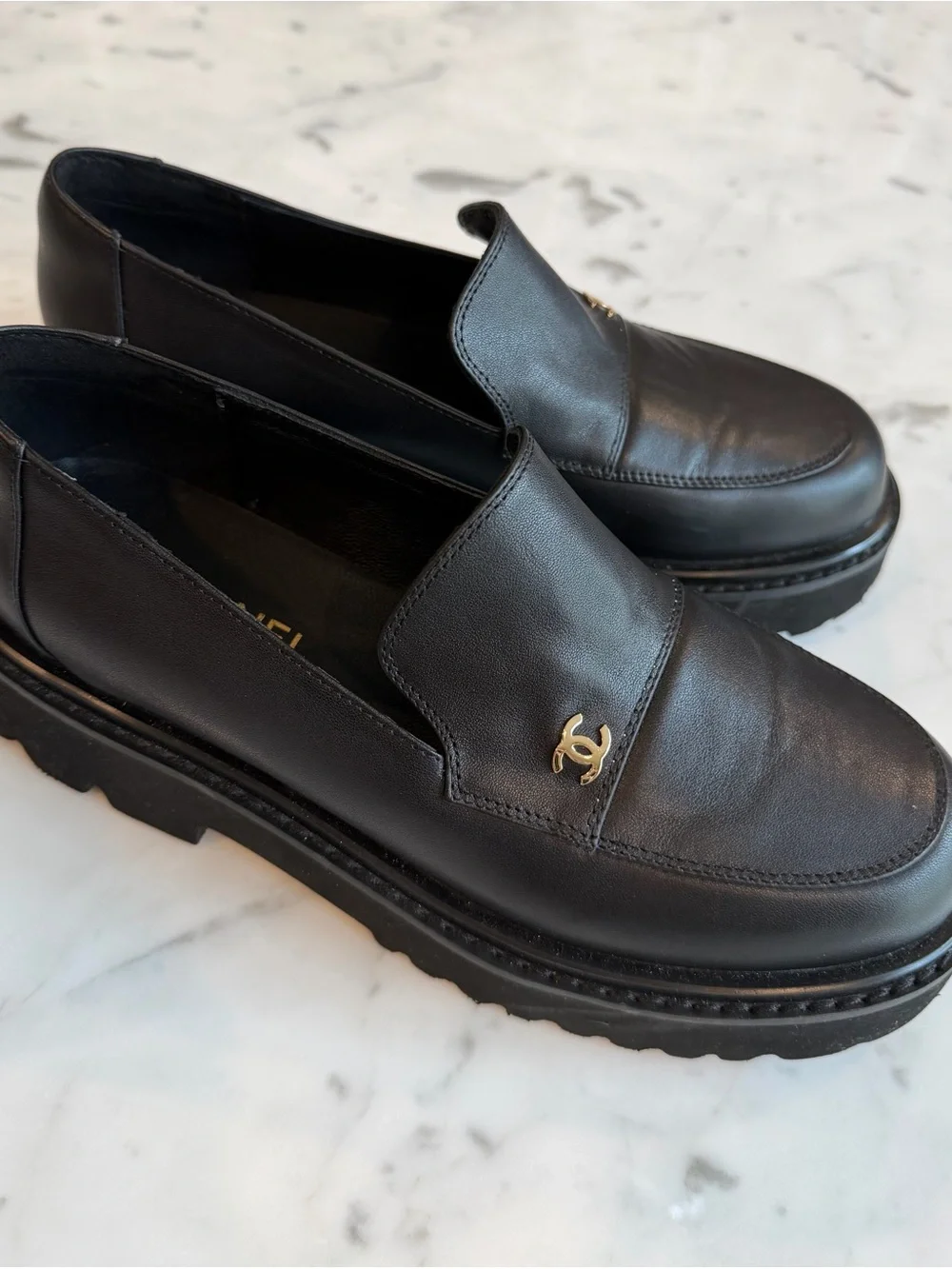 NotChanel Women's Black Leather Platform Loafers Size 39/8 US